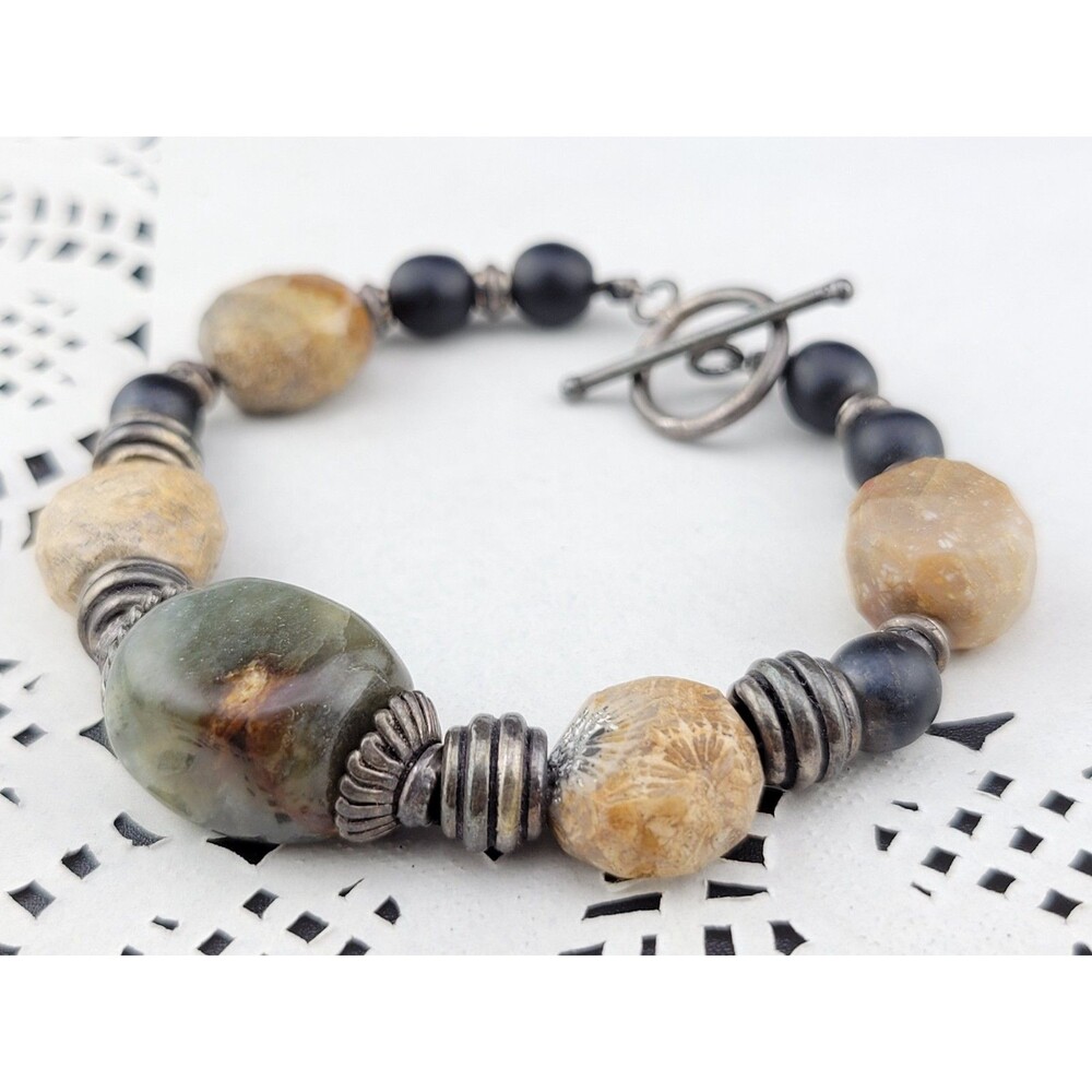 Hypnotic Cacoxenite Rutile Fossil Chunky Stone Beads Sterling Silver 8" Bracelet